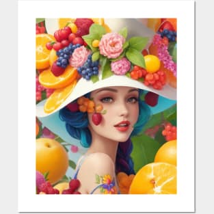 А woman with a white hat and some colorful fruity Posters and Art